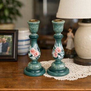 Pair of Vintage Hand Painted Wood Candle Holders in Green Floral Toleware